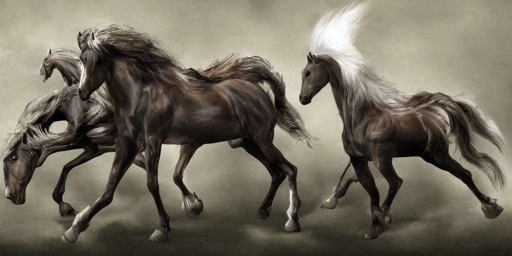 Prompt: a horse with multiple hornds, fantasy creature, fantasy, digital art, highly detalied