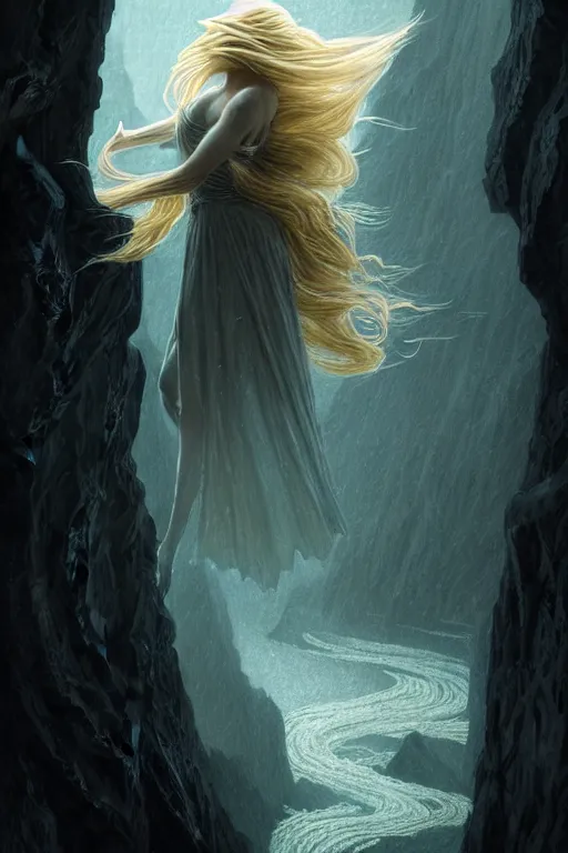 Image similar to A beautiful Norse Goddess with long flowing blonde hair on a ledge od deep abyss fantasy, intricate, elegant, highly detailed, D&D, digital painting, artstation, concept art, matte painting, sharp focus, illustration, extremely moody lighting, glowing light and shadow, atmospheric, shadowy, cinematic, in the style of Greg Rutkowski and artemisia gentileschi and Alphonse Mucha