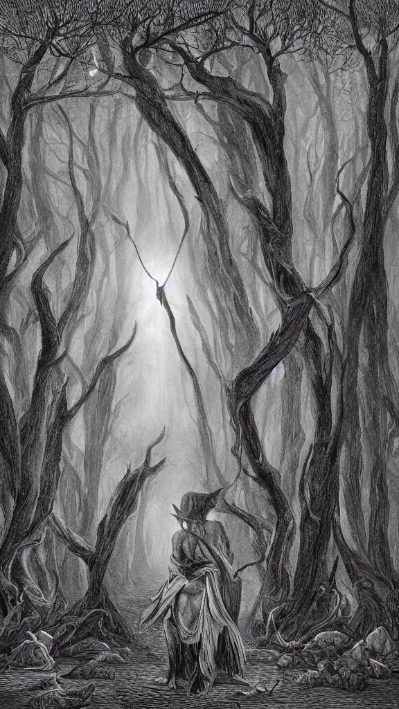 Image similar to mystical figure in occult robes in a dark misty forest opens a portal to hell, highly detailed, epic