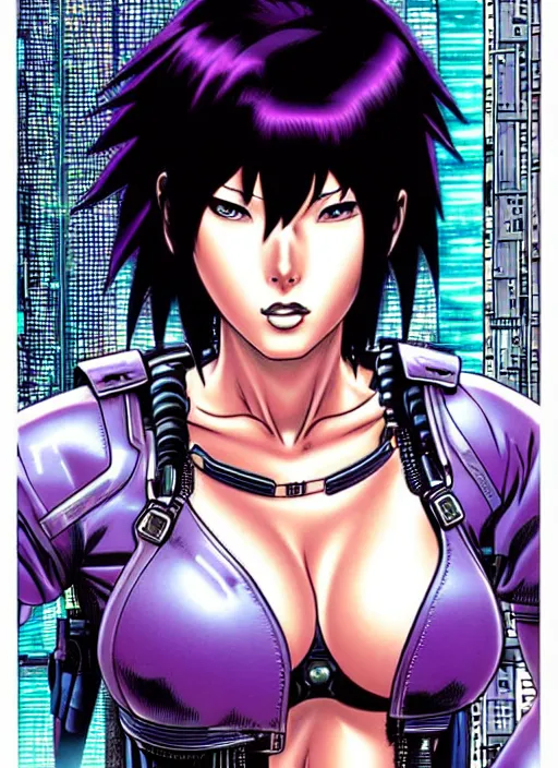 Image similar to motoko kusanagi in grungy cyberpunk megacity, intricate and finely detailed, cyberpunk vaporwave, portrait by j scott campbell