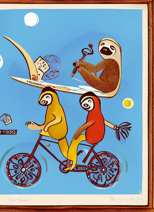 Prompt: a couple of sloths riding a bike with a surfboard, by tim biskup, tom bonson folk art, whimsical, storybook illustration