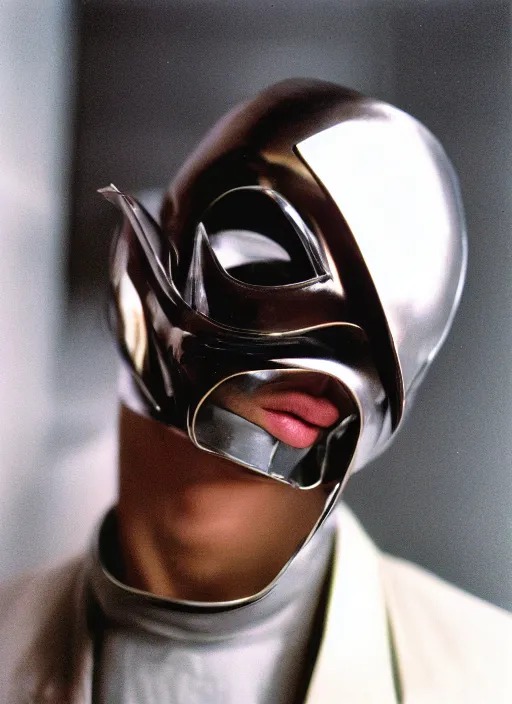 Image similar to a fashion portrait photograph of a man wearing a metal mask designed by thierry mugler, 3 5 mm, color film camera,