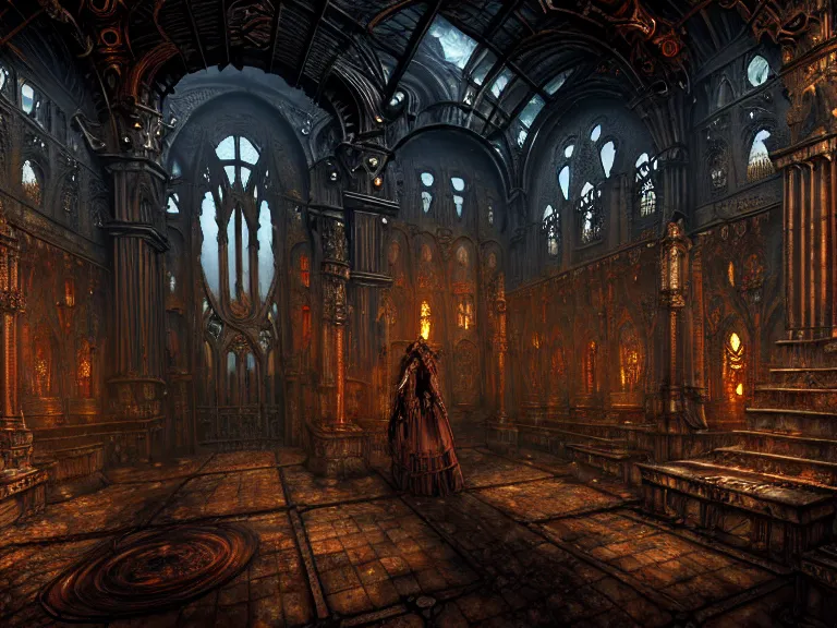 Image similar to steam necropolis, memento mori, gothic, neo - gothic, art nouveau, hyperdetailed copper patina medieval icon, stefan morrell, philippe druillet, ralph mcquarrie, concept art, steampunk, unreal engine, detailed intricate environment, octane render, moody atmospherics, volumetric lighting, ultrasharp, ominous, otherworldly