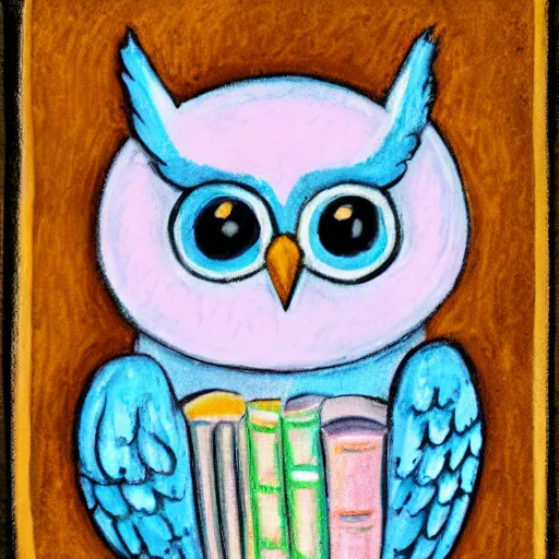 Image similar to a cute pastel owl holding a stack of books, realistic portrait