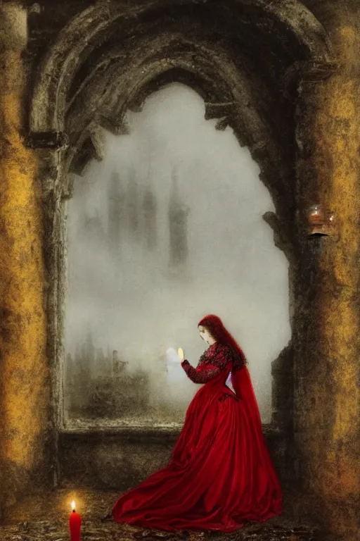 Prompt: baroque gothic woman wearing red silk and black lace, lit by a single candle, inside a ruined abbey, a crow watching, gustave dore, 4 k resolution, concept art, mist, autumnal, chiaroscuro,