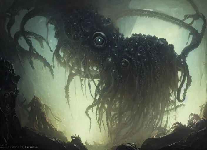 Image similar to my children bed with a giant cthulhu eyes in the dark by gaston bussiere, anna nikonova aka newmilky, greg rutkowski, yoji shinkawa, yoshitaka amano, tsutomu nihei, giger, donato giancola, geoffroy thoorens, trending on artstation, featured on pixiv, cinematic composition