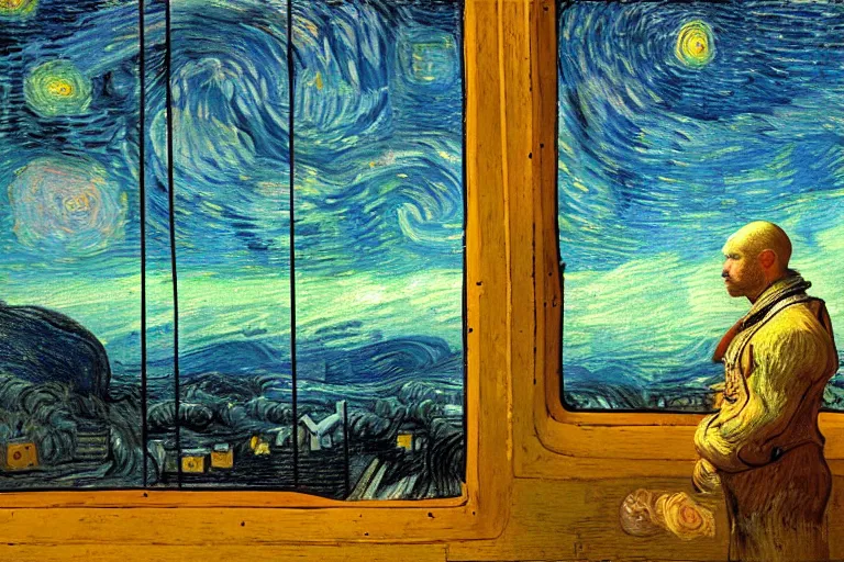 Prompt: a person looking from a window of a space station near Mars, colorful, beautiful, national geographic, very detailed, astrophotography, oil painting, canvas, Vincent van Gogh, Caspar David Friedrich, Theodor Kittelsen, Albert Bierstadt