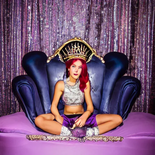 Image similar to A 4k photo of a skinny young woman with purple hair wearing a diamond crown, sitting in a throne in a dark room. Back light