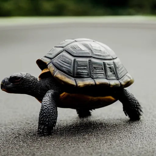 Prompt: a happy tortoise riding a basketball on the road, close up, dslr photo