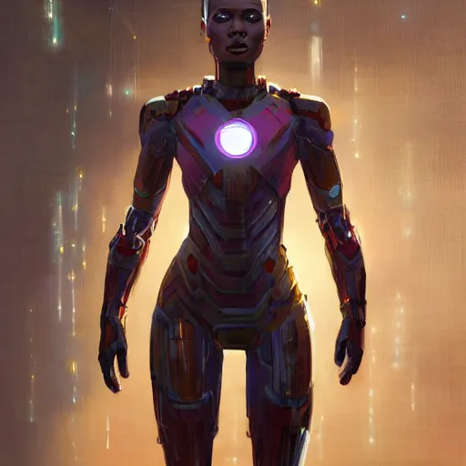 Image similar to highly detailed an african american woman in with the ironman random suit from the future gta v, stephen bliss, unreal engine, fantasy art by greg rutkowski, loish, rhads, ferdinand knab, makoto shinkai and lois van baarle, ilya kuvshinov, rossdraws, tom bagshaw, global illumination, radiant light, detailed and intricate environment