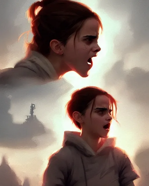 Image similar to emma watson yelling at xi jinping, medium shot close up, details, sharp focus, illustration, by jordan grimmer and greg rutkowski, trending artstation, digital art