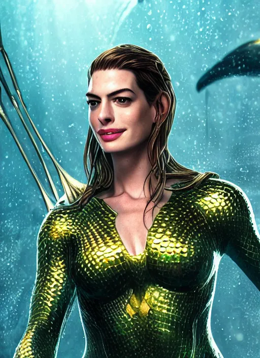 Image similar to anne hathaway as aquaman, au naturel, hyper detailed, digital art, trending in artstation, cinematic lighting, studio quality, smooth render, unreal engine 5 rendered, octane rendered