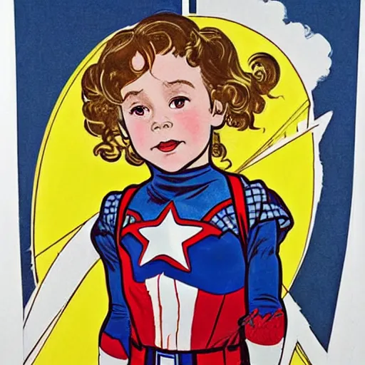 Image similar to a little girl with a mischievous face and light brown curly wavy hair. she is dressed as captain america, spider - man, batman, captain marvel, a superhero. well composed, clean elegant painting, beautiful detailed face. by steve ditko and jack kirby and alphonse mucha