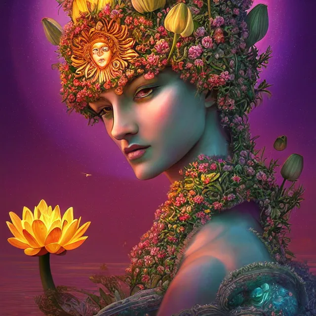 Image similar to Beautiful 3d render of the flower queen goddess sitting on a giant lotus, centered, symmetry, with the third eye on her forehead, painted, intricate, volumetric lighting, beautiful, rich deep colours masterpiece, sharp focus, ultra detailed, in the style of Dan Mumford and marc simonetti, with a clear crowded futuristic cyberpunk dubai city in the background, astrophotography