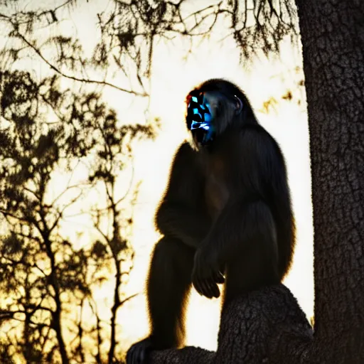 Image similar to portrait photo, rim light around fur of an ape on a tree, silhoutte, dim light, golden hour, tree top, dslr award winning photo, nikon