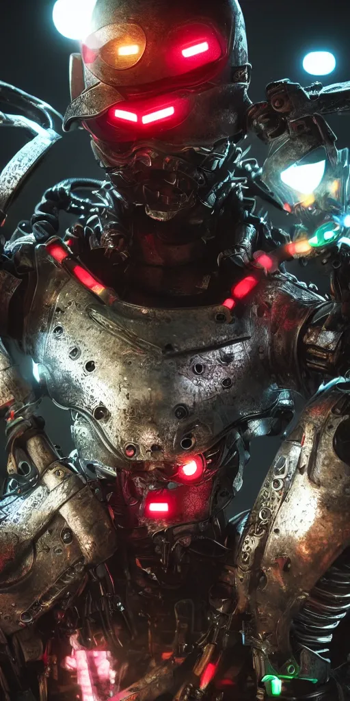 Prompt: ultra realistic and intricate detailed photograph of a cyborg samurai surrounding by neon lights, hyperrealistic, detailed, depth of field, High definition, 8k, depth of field, octane render, artstation
