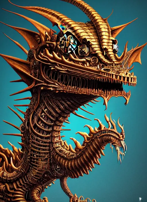 Image similar to hyper detailed 3d render like a Oil painting - a steampunk dragon by Jacek Yerka, Mariusz Lewandowski, Houdini algorithmic generative render, Abstract brush strokes, Masterpiece, Edward Hopper and James Gilleard, Zdzislaw Beksinski, Mark Ryden, Wolfgang Lettl, hints of Yayoi Kasuma, octane render, 8k