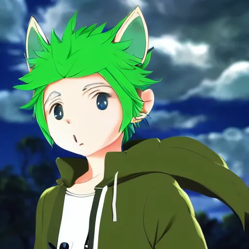 Image similar to a cute anthropomorphic anime boy with big squirrel ears, and a bushy tail and green hair. he wears a baggie blue hoodie. in the style of black clover. award winning video game character concept art. unreal engine octane render dramatic lighting dof