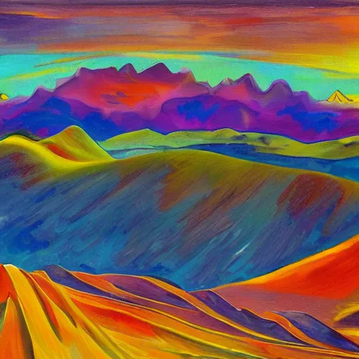 Prompt: mind exploration, vivid abstract landscape, mountains in background, main path is visible and energetic