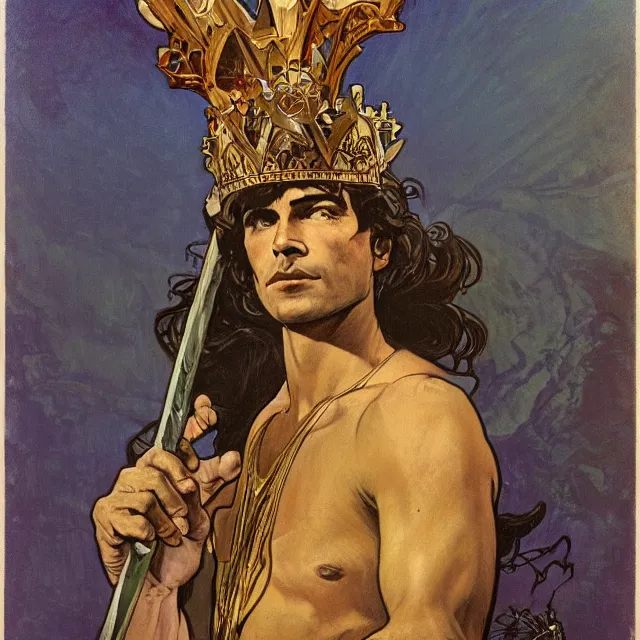 Image similar to an aesthetic! a detailed portrait of a man with a crown, holding a scepter by frank frazetta and alphonse mucha, oil on canvas, art nouveau dungeons and dragons fantasy art, hd, god rays, ray tracing, crisp contour lines, huhd