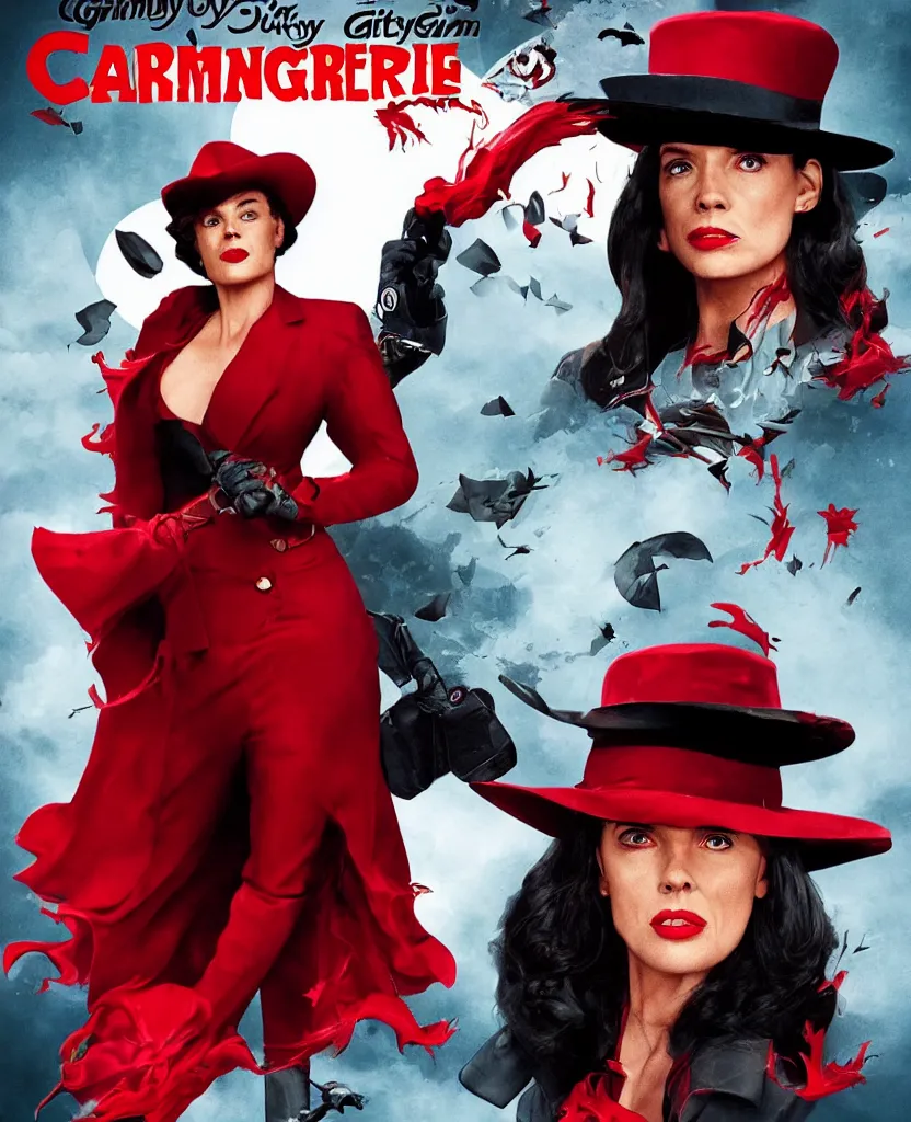 Image similar to gritty grimdark reboot of carmen sandiego, movie poster