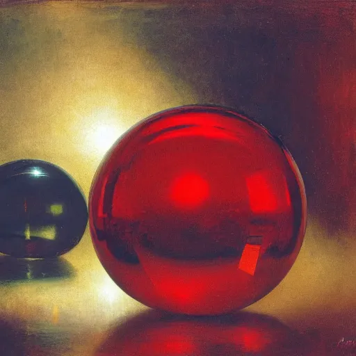 Prompt: chrome spheres on a red cube by j. m. w. turner