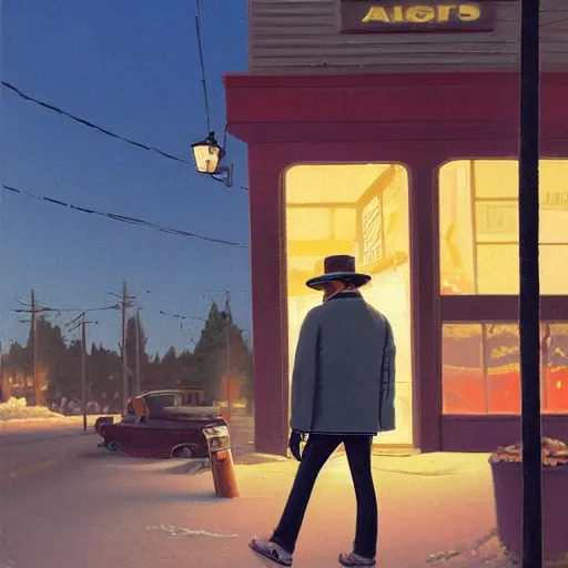 Prompt: a man in a shearling denim jacket smokes a cigarette outside a lonely colorado bar, art by angus mcbride, hd, night scene, composition inspired by gregory crewdson.