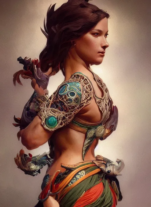 Image similar to full figure ultra realistic illustration, battle rooster, beautiful, intricate, elegant, highly detailed, digital painting, artstation, concept art, smooth, sharp focus, illustration, art by artgerm and greg rutkowski and alphonse mucha