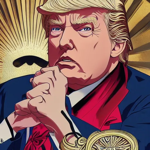 Prompt: donald trump as a jojo character, studio portrait, anime key visual, by wlop, alphonse mucha, extremely detailed