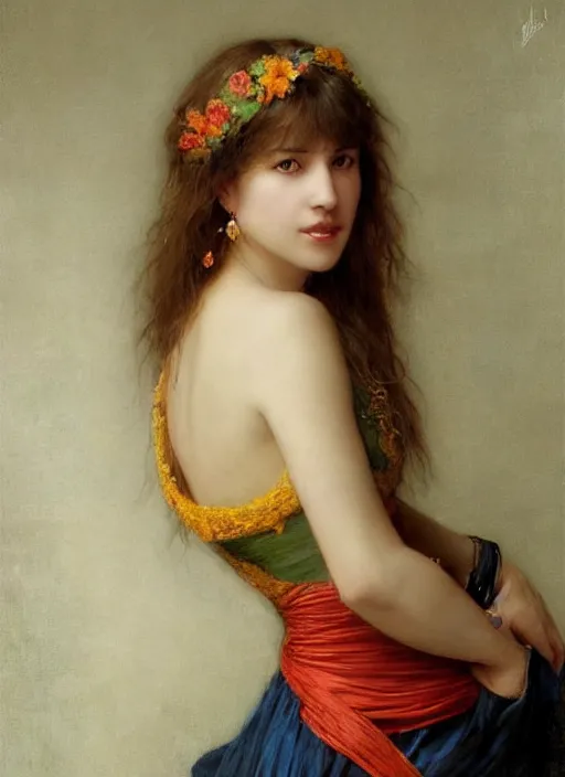 Prompt: A beautiful portrait of Sophie Marceau, frontal, digital art by Eugene de Blaas and Ross Tran, vibrant color scheme, highly detailed, in the style of romanticism