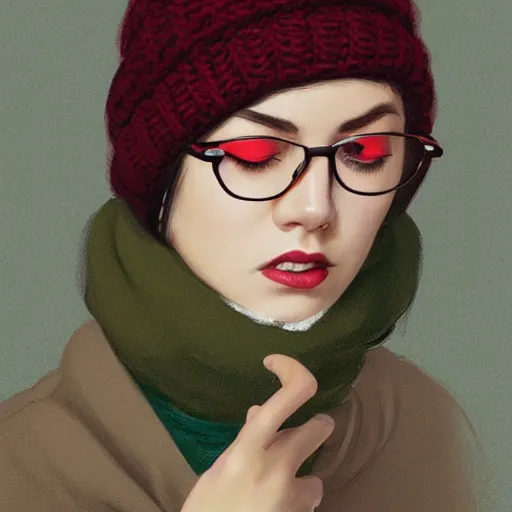 Prompt: girl wearing a ( ( ( ( yellow bubble jacket ) ) ) ), green beanie, gray shirt, thick eyebrows, dark red lips, ( ( ( round eyeglasses ) ) ), highly detailed, digital painting, artstation, concept art, smooth, sharp focus, illustration, art by artgerm and greg rutkowski and alphonse mucha