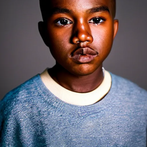 Prompt: the face of young kanye west at 1 2 years old, portrait by julia cameron, chiaroscuro lighting, shallow depth of field, 8 0 mm, f 1. 8