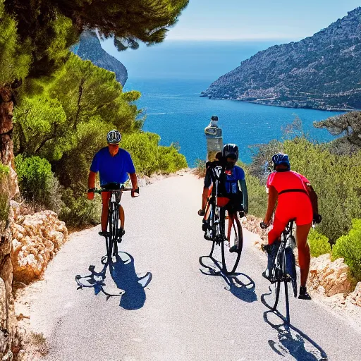 Image similar to 3 friends on professional road bycycles riding in the mountains of Mallorca, sea in the background, 4k