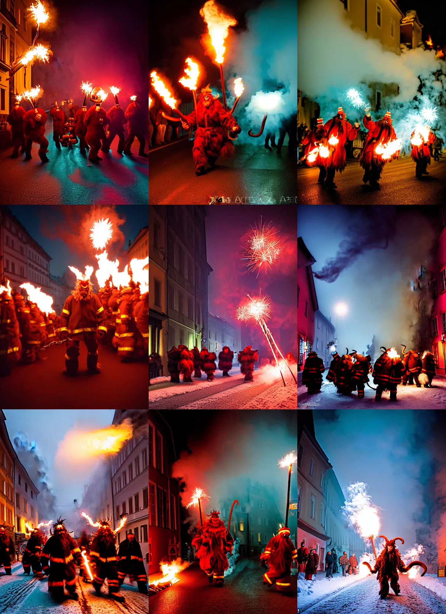 Image similar to kodak portra 4 0 0, winter, hellfire, award winning dynamic photograph of a bunch of hazardous krampus between fire barrels by robert capas, motion blur, in a narrow lane in salzburg at night with colourful pyro fireworks and torches, teal lights