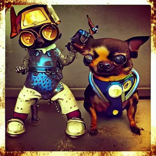 Prompt: “Cyberpunk Chihuahua fighting a steampunk Yorkie”