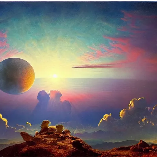 Prompt: beautiful beautiful beautiful beautiful landscape of the psychedelic planet from another dimension, edo, yin yang, panorama, cinematic lighting, puffy clouds, by Frederic Edwin Church