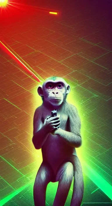 Image similar to “ small monkey with laser gun in large empty space, digital art, super aesthetic, art station trending, award winning ”