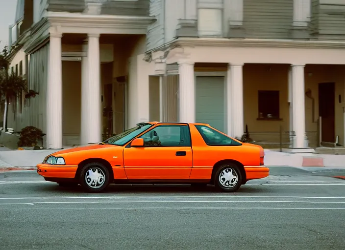 Image similar to a orange 1990 Honda Civic with tinted windows in the Bay Area California, dusk, high definition