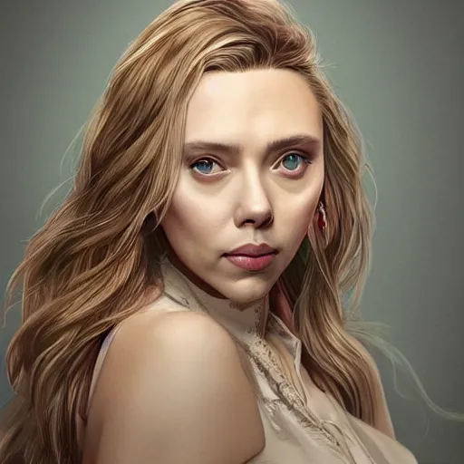 Image similar to ((((Scarlett Johansson)))) and Elizabeth Olsen!!!!!!!!! crossbreed, illustrated and rendered by Xie Boli, trending on artstation, 4k, 8k, photorealistic imagery, photorealistic details, intricate, highly detailed