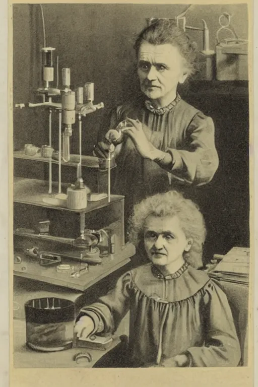 Prompt: marie curie in her lab playing with radioactive matter, children drawing