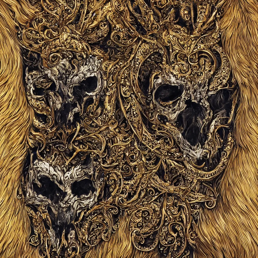 Image similar to photo portrait portrait of femine puma with skull pendant, wolf skull pedant, golden fur, symmetric, intricate skeletal decorations on ornate silks, symmetry, highly detailed, concept art, ornaments, black, red, white, gold layers, super moon, style of nekroxiii, hyperrealistic