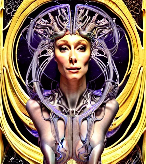 Prompt: detailed realistic beautiful young cher alien robot as queen of andromeda galaxy portrait, art nouveau, symbolist, visionary, baroque, giant fractal details. horizontal symmetry by iris van herpen, raymond swanland and alphonse mucha. highly detailed, hyper - real, beautiful