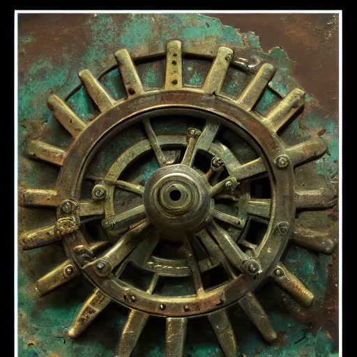 Prompt: a martian artifact in a museum, bronze, old, alien, verdigris, mechanical, gears