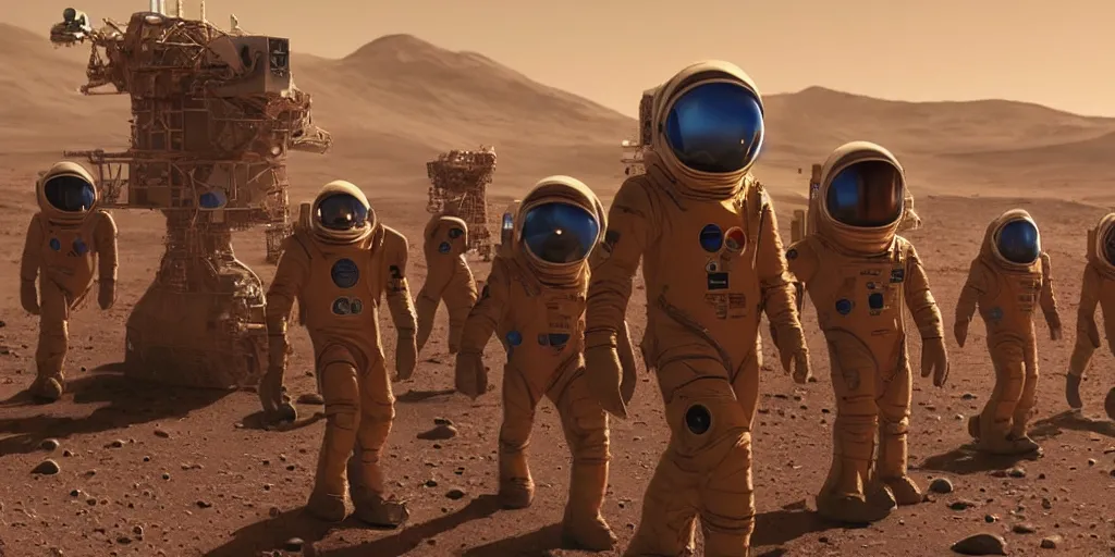 Image similar to workers on mars in space suits returning home after a hard days work with a megastructure in the distance, hyper realistic, in the style of ready player one 8K HD