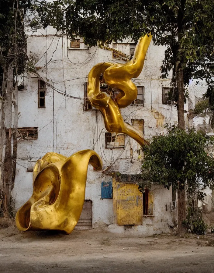 Prompt: vintage color photo of a massive liquid gold sculpture in a south american rural town alley with dirt roads and white walls, still of a werner herzog documentary