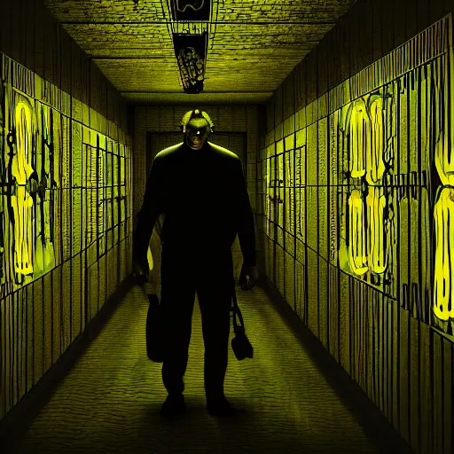 Prompt: A cinematic horror film still of a grotesque monster in a maze of yellow dimly lit hallways.