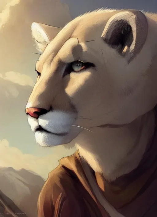 Image similar to beautiful portrait commission of a male furry anthro albino mountain lion wearing miner's clothes in the western frontier. Atmospheric. Character design by charlie bowater, ross tran, artgerm, and makoto shinkai, detailed, inked, western comic book art