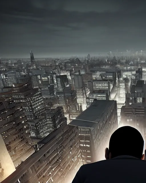 Image similar to a night rooftop scene, close up shot of a photorealistic gangster wearing a trench coat looking at the city below, unreal engine, hyper realism, realistic shading, realistic lighting