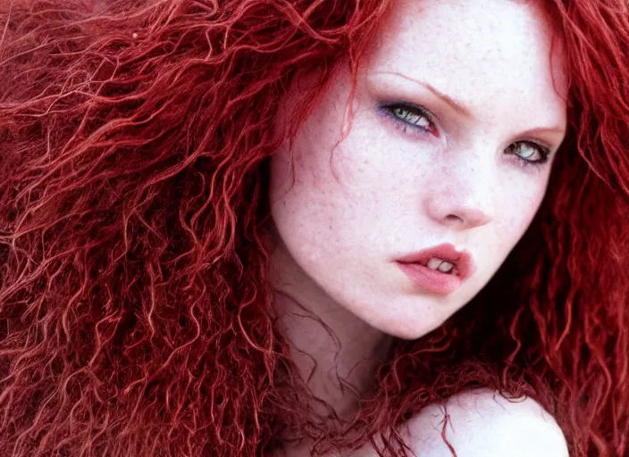 Prompt: award winning 8 5 mm close up face portrait photo of a redhead with maroon wavy hair in a part by luis royo.