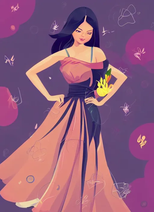 Prompt: woman, black hair, tan skin, curvy, slight resemblance to selena gomez. colorful voluminous princess dress. clean cel shaded vector art. shutterstock. behance hd by lois van baarle, artgerm, helen huang, by makoto shinkai and ilya kuvshinov, rossdraws, illustration,